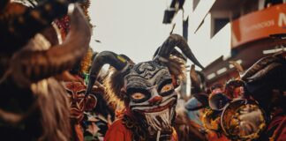 a group of people wearing masks and costumes