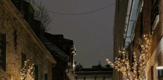 a snowy street lined with buildings and lights