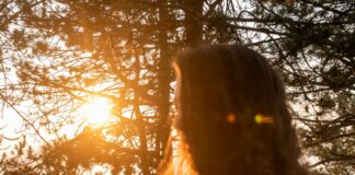 a person looking up at the sun