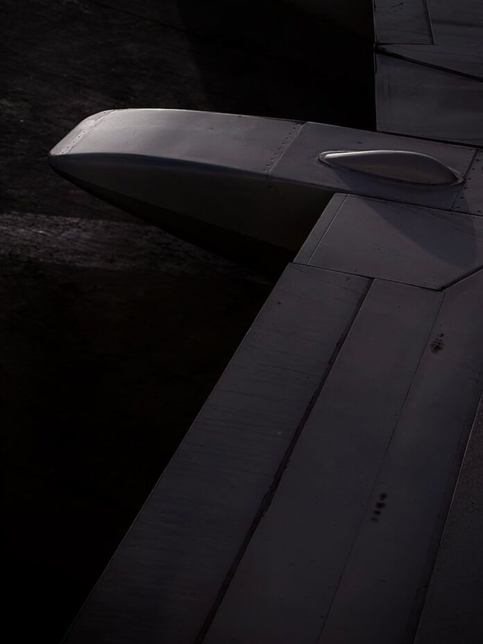Close-up of a dark gray aircraft tail section