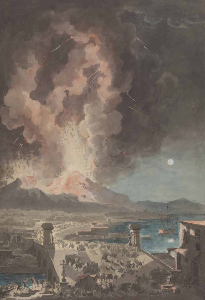 Volcano erupting with ash and debris over a city.