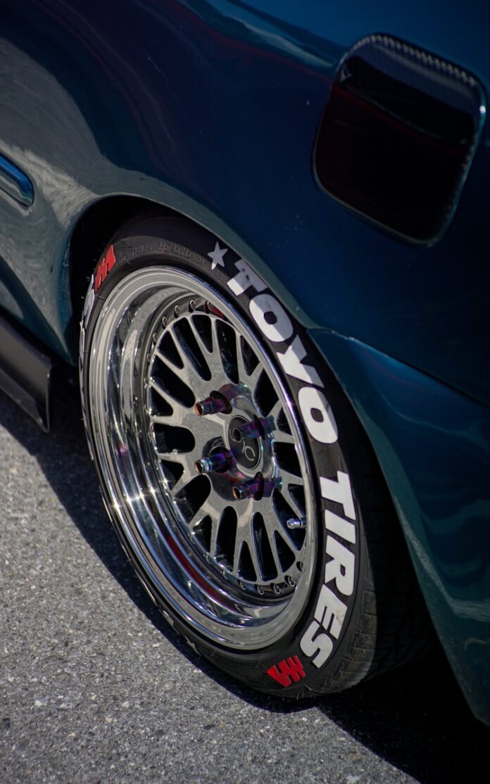 a close up of a tire on a car