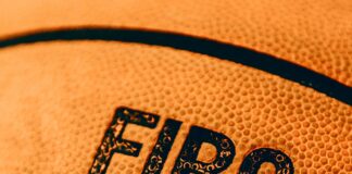 Close-up of a basketball with fiba approval.
