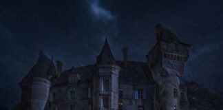 a building with a tower and a lightning bolt in the sky