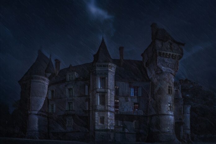 a building with a tower and a lightning bolt in the sky