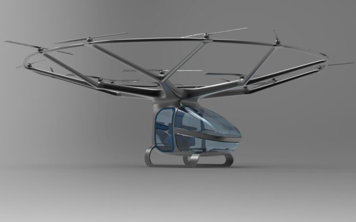 A small blue helicopter is flying in the air