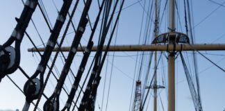 the deck of a large ship with a life preserver