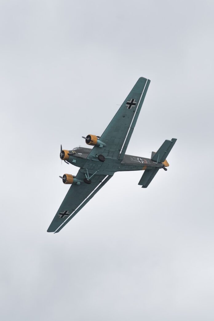 A german junkers ju 52 airplane flies.