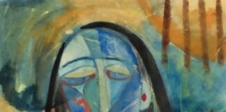 Abstract portrait of a woman with long dark hair.