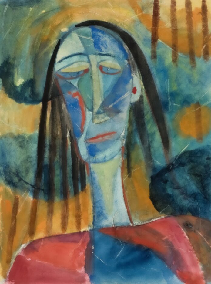 Abstract portrait of a woman with long dark hair.