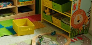Children's playroom with toy train and storage
