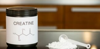 a bottle of creatine next to a spoon on a table