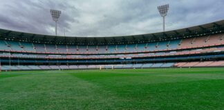 a sports stadium with a field