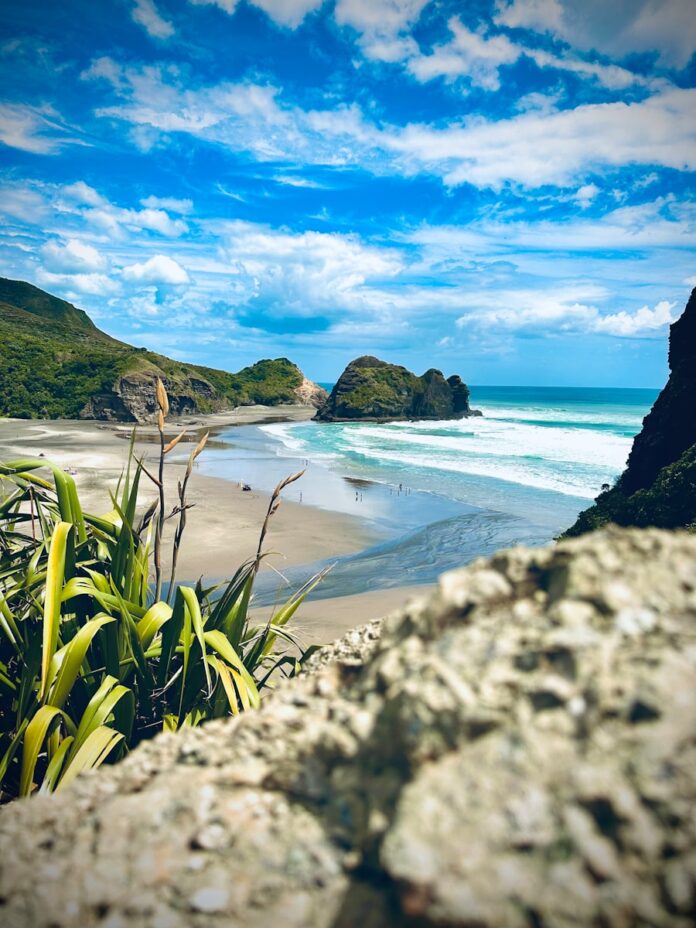 a view of a beach from a cliff