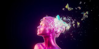 Woman's head exploding into butterflies and glitter