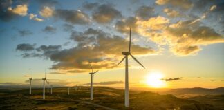 a group of windmills on a hill at sunset