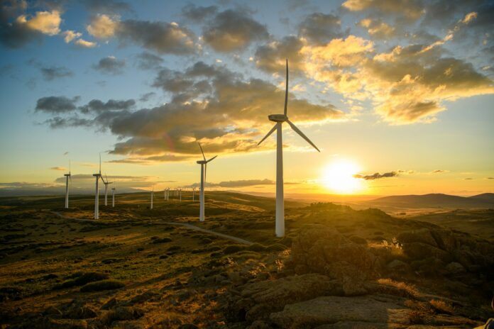 Photo by Matteo del Piano a group of windmills on a hill at sunset
